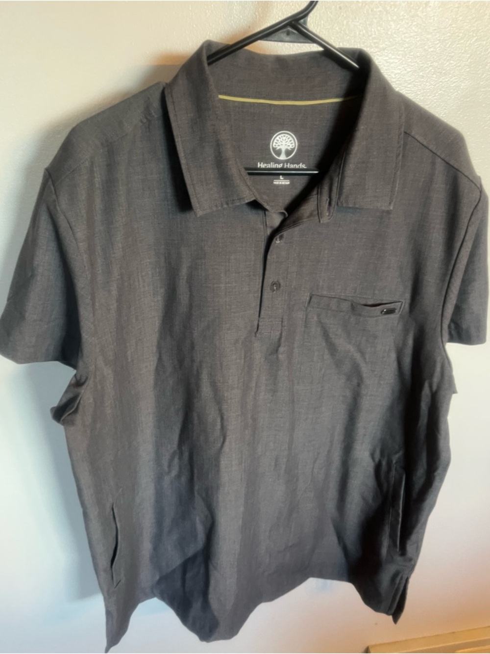 Healing Hand men’s polo 3 pocket-scrub shirt Charcoal Gray size large